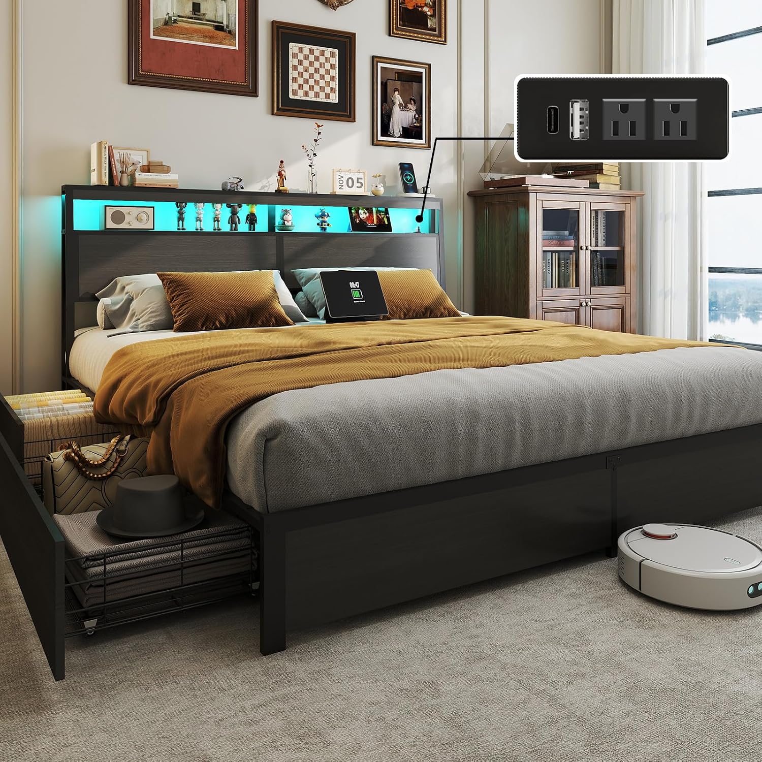King Size Bed Frame with LED L - King Size Bed Frame With Storage Drawers review and price